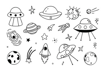 Space Doodle Elements: A collection of charming doodle space illustrations, featuring planets, stars, rockets, and UFOs.