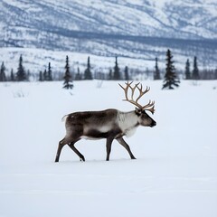 deer in ice land and trees and mountain vary beautiful, winter, wildlife, wild, white, horn, antlers, forest