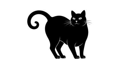 Obraz premium Silhouette of a black cat with a curled tail, standing on a white background, a cute and playful feline pet illustration, simple graphic design
