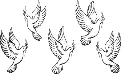 Peaceful Doves in Flight A Symbol of Hope and Harmony with Olive Branch Black and White Graphic Illustration