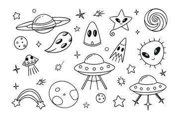 Cosmic Doodle Collection: A delightful array of hand-drawn celestial bodies and alien designs float against a backdrop of cosmic wonders.