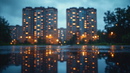 Obraz premium City lights reflected in a puddle after a rain shower