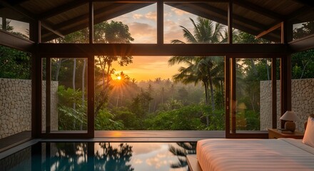 swimming pool in apartment with a view of sunset