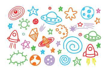Whimsical Cosmos Sketch: A vibrant doodle-style illustration bursting with colorful celestial bodies, capturing the imagination of space exploration and adventure.
