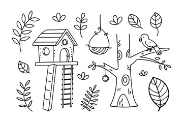 Whimsical Birdhouse Scene: A charming illustration showcasing a detailed birdhouse, nestled in a tree surrounded by delicate foliage and a friendly feathered friend. 