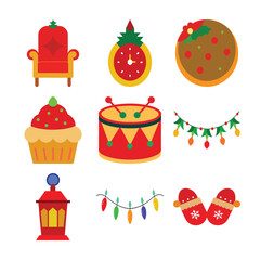 Colorful Christmas Vector Icons – Santa Chair, Drum, Cupcake, Fruitcake, Mittens, Garland, Lantern, Clock, and Lights – Festive Holiday Clipart for Cards, Crafts, Decorations & Design Projects
