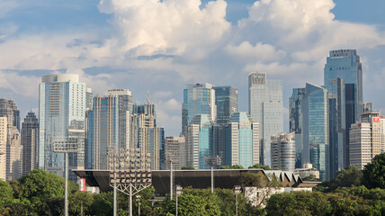 A high resolution image of modern skyscrapers and office towers in Jakarta central business...