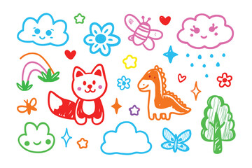 Obraz premium Whimsical Doodle Illustrations: An array of charming hand-drawn doodles, including smiling clouds, a cheerful fox, a friendly dinosaur, colorful butterflies, radiant stars, vibrant flowers.