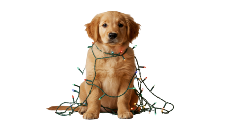 Golden retriever puppy entangled in Christmas lights, studio shot.