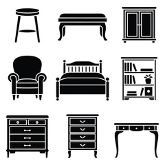 Fototapeta premium Collection of black furniture icons including stool bed dresser bookshelf chair vector