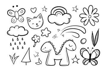 Dreamy Doodle Set: A collection of whimsical sketches, including a charming dinosaur, fluffy clouds, a fluttering butterfly, a radiant rainbow, and a sweet cat.