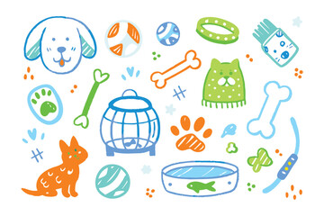 Pet Supply Collection: A vibrant assortment of playful pet supplies and accessories. These delightful illustrations showcase the joy and essentials of pet ownership.