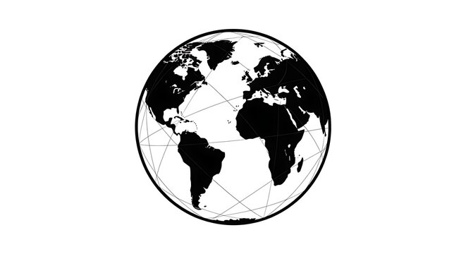 Abstract black and white stylized world globe illustration, global connectivity concept,  international network design element with continents and grid lines on oval shaped earth map