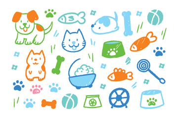 Cute pet items: A collection of hand-drawn illustrations that captures the playful and adorable essence of pets, featuring a variety of objects and icons for dogs, cats, and other companion animals.