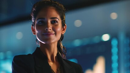 Smiling businesswoman in a modern office with digital financial charts in the background, looking to the side with confidence. Concept of
 - Powered by Adobe