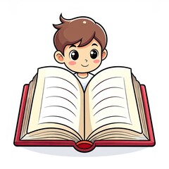 Young Boy Reading an Open Book Illustration with Brown Hair and White Shirt Against White Background