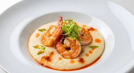 Shrimp and Grits Gourmet Dish with Green Onion Garnish in White Bowl