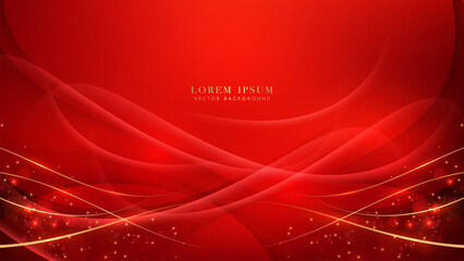 Elegant red background with flowing curves, soft gradients, golden lines, sparkling particles, and bokeh effects