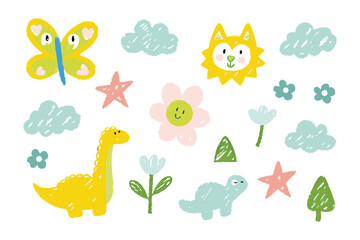 Playful Realm of Imagination: Whimsical assortment of charming illustrations, showcasing a vibrant butterfly, friendly lion, cheerful dinosaur, delicate flower, whimsical clouds, and playful stars.