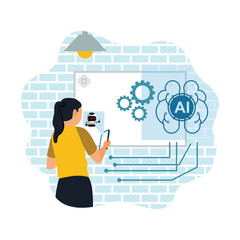 Woman designing artificial intelligence application using tablet and drawing board.