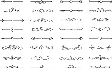 Elegant Collection of Decorative Dividers and Flourishes for Graphic Design and Embellishments Featuring Lines Hearts and Floral Accents