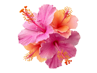 Vibrant pink and orange hibiscus flowers dew drops, Isolated On Transparent Background, Png