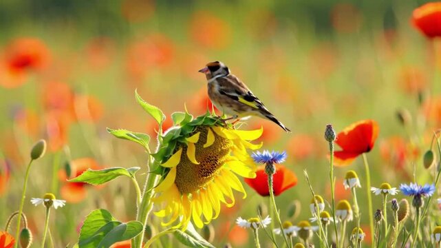 Small bird rests on a sunflower in a poppy field, summer