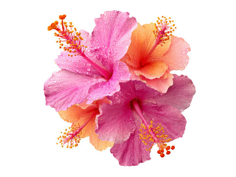 Vibrant pink and orange hibiscus flowers dew drops, Isolated On Transparent Background, Png