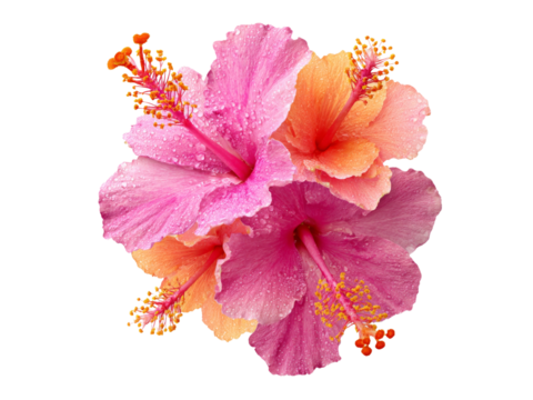 Vibrant pink and orange hibiscus flowers dew drops, Isolated On Transparent Background, Png