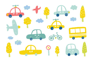 Transportation Doodle: A cheerful array of hand-drawn vehicles and landscape elements. This illustration captures the playful spirit of transport.
