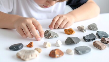 Young Child Examining Various Rocks on a White Table Demonstrating Hands-On Learning Focused on Geology and Science