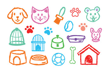 Playful Pet Paradise: A vibrant, hand-drawn collection of essential pet-related icons, bursting with color and creativity.