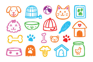 Doodle style pet accessories: A whimsical collection of colorful, hand-drawn illustrations featuring a variety of pet accessories and icons, evoking a playful, joyful, and cheerful atmosphere.