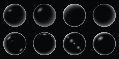 Glossy black water droplets set with various light reflections for UI design and background decoration in vector style