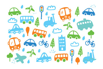Child's Play Cityscape: A whimsical illustration of a colorful cityscape, populated with playful drawings of cars, buses, airplanes, trees, and other elements, with a childlike aesthetic. 