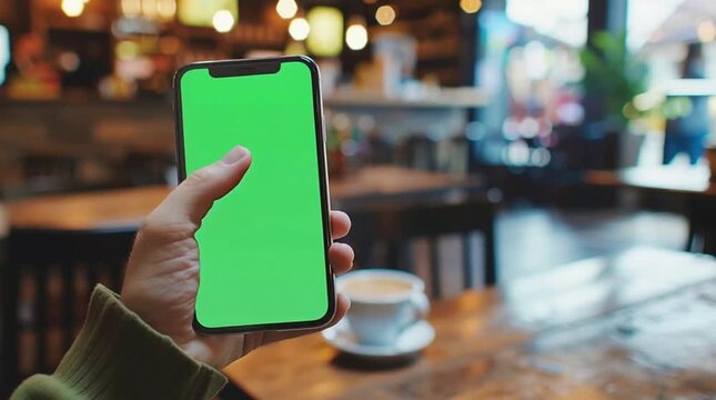 Hand holding a smartphone with a green screen in a cozy coffee shop, ideal for horizontal mockups or lifestyle technology content.
