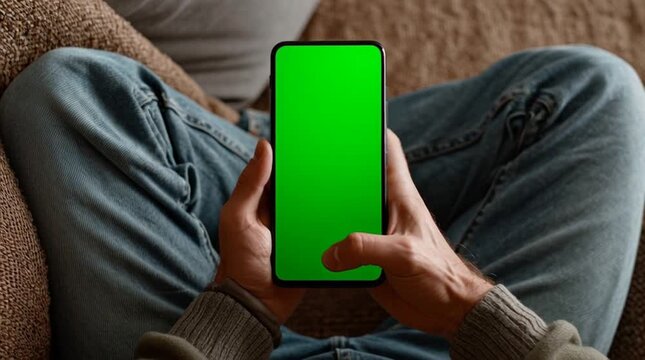 Person relaxing on a sofa, interacting with a smartphone featuring a green screen, perfect for horizontal app or content mockups