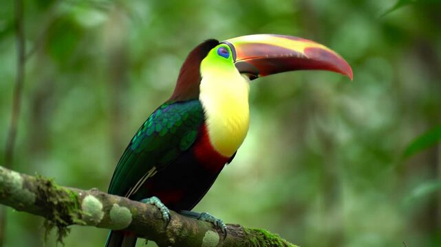 Exotic toucan perched on a branch in a lush tropical forest.