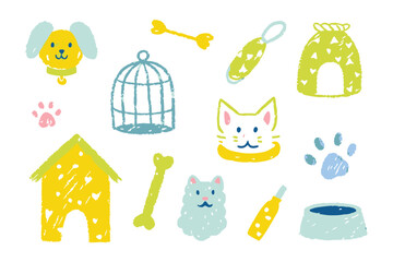 Pet Supplies Collection: A whimsical arrangement of hand-drawn pet supplies. Featuring playful sketches of a dog, cat, bird cage, house, bone, dish and more!