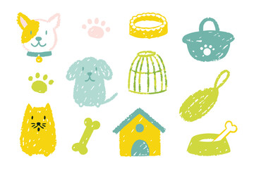 Dog Accessories Illustration: A collection of charming, hand-drawn illustrations showcasing essential accessories for dogs, bringing to mind feelings of joy and care.