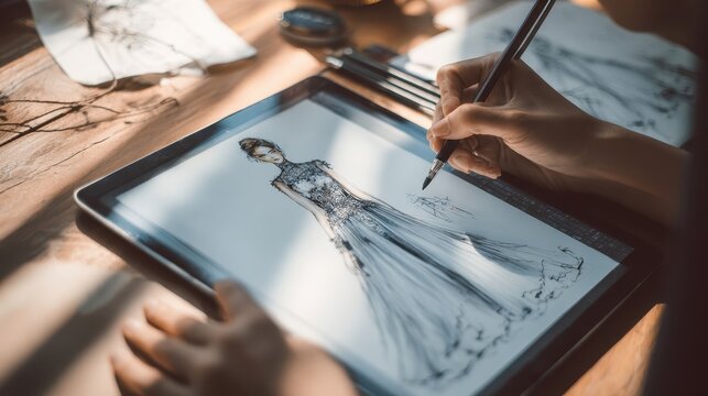 Fashion designer sketching a dress design on a digital tablet. - Powered by Adobe