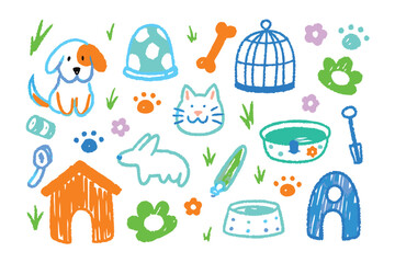 Cute Pet Doodle: a lively and adorable illustrated collection featuring playful dogs, cheerful cats, friendly turtles, charming rabbits and various pet accessories in a bright and colorful design