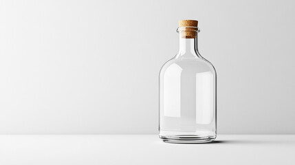 Minimalistic clear glass bottle mockup with cork and metal cap on a clean background, featuring soft lighting and ample caption space on the side for branding or product information.

