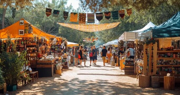 Vibrant outdoor market bustling with shoppers and stalls