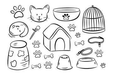 Pet Supplies Sketch: A delightful monochrome sketch showcasing an array of essential pet supplies, meticulously drawn to highlight the charm and functionality of each item.