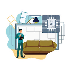Businessman exploring smart technology in futuristic home interior's design layout.