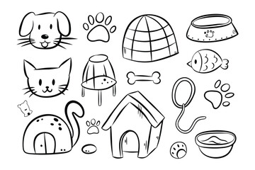 Pet Supplies Illustration: A charming collection of hand-drawn pet supplies, ideal for conveying the essence of pet care and the joys of animal companionship.