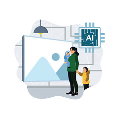 A mother and two children embrace technology and artificial intelligence.