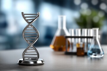Metallic DNA model stands prominently on a laboratory table, surrounded by glassware filled with colorful liquids, symbolizing scientific research and innovation in genetics and biotechnology