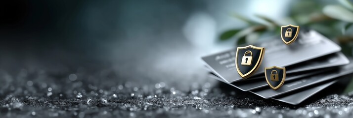 Credit cards stacked on a dark surface with security shield icons representing online protection, emphasizing the importance of financial security and privacy in digital transactions